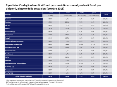 Ripartizioni % degli aderenti ai Fondi per classi dimensionali, esclusi i Fondi per dirigenti, al netto delle cessazioni 
